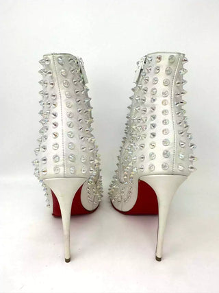 Christian Louboutin Snakilta 100 White Leather Iridescent Spike Booties 37