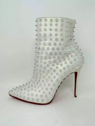 Christian Louboutin Snakilta 100 White Leather Iridescent Spike Booties 37