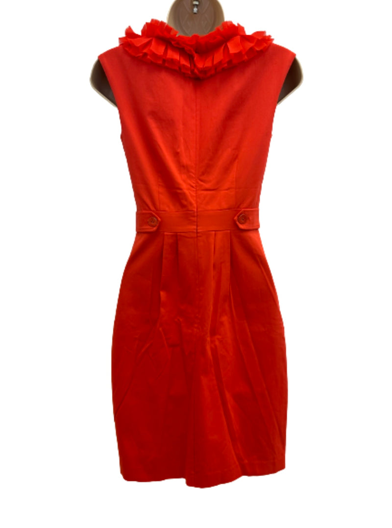 Pleated Frill Neckline Sleeveless Dress Coral UK6