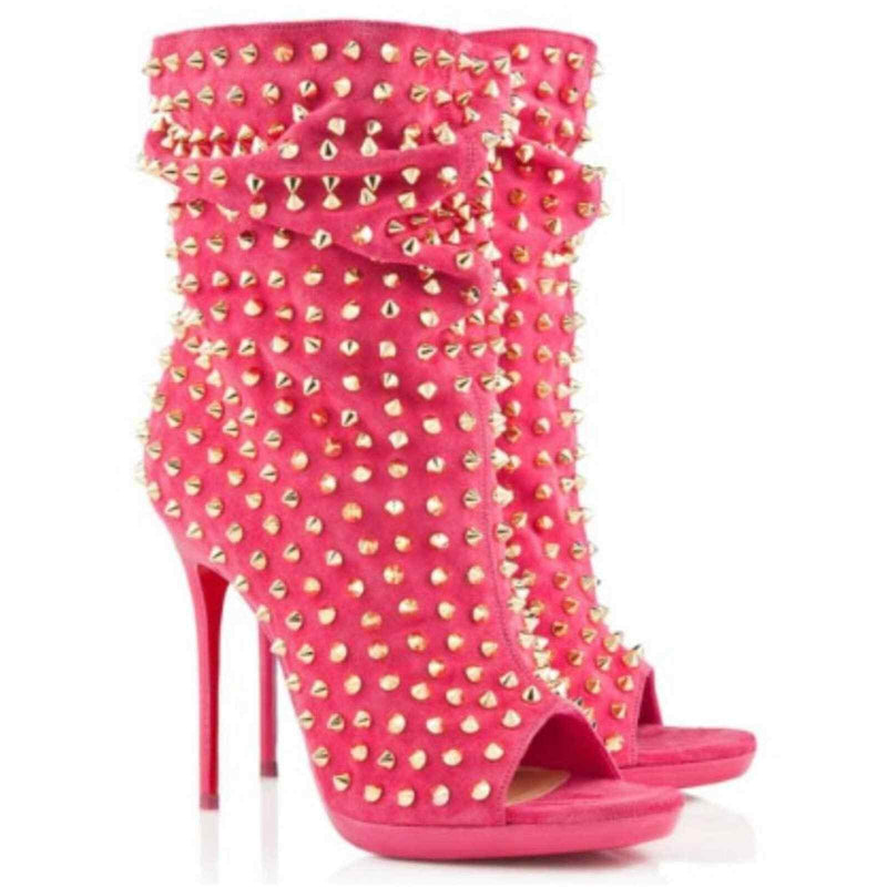 pink suede peep toe ankle booties with gold spikes and signature red soles