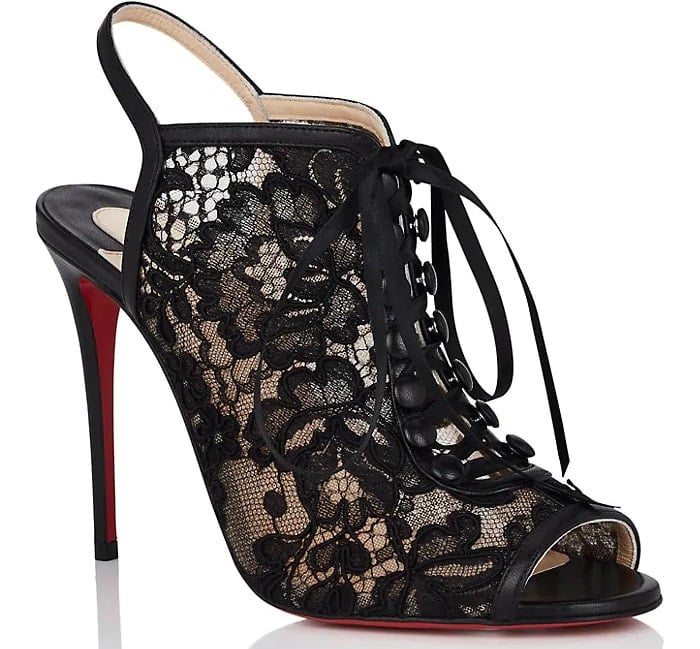 black lace slingback sandals with satin ribbon tie and signature red soles