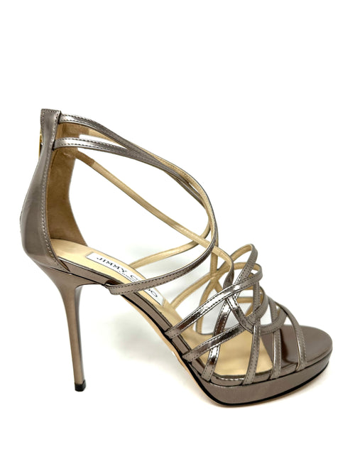 Light bronze strappy mirror leather platform sandal heels