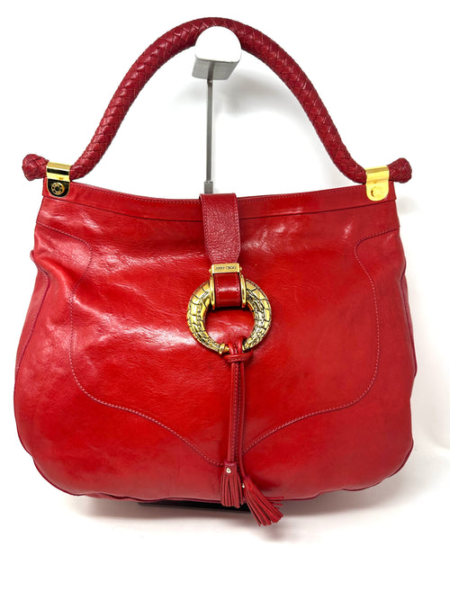 Ruby red leather with gold hardware and tassel designer hobo bag