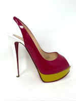 pink, white and green leather with peep toes and a glossy exterior. Completed with the signature red soles