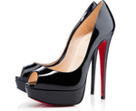  black patent leather, with an open toe and finished with a signature red sole.