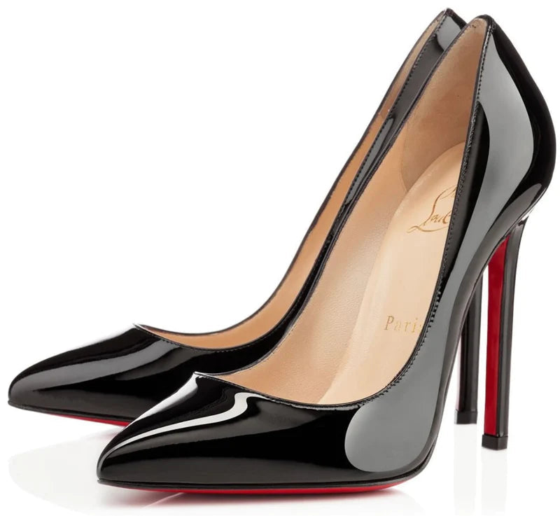 black patent leather pointed heels with signature red soles