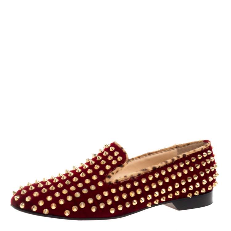 red velvet with leopard trim and gold spikes mens loafers with signature red soles