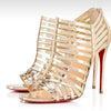 light gold caged bootie heels in light gold leather with signature red heels