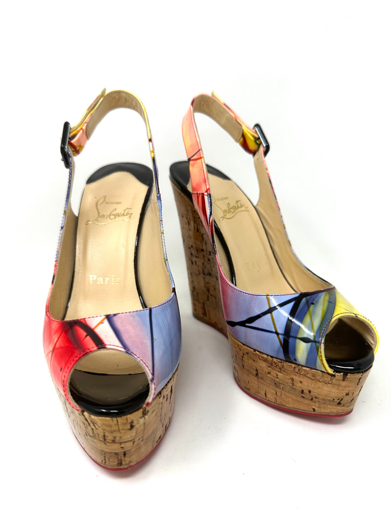 Christian Louboutin Une Plume Sling 140 Multicolour Patent Slingback Wedges Sandals 35 UK2