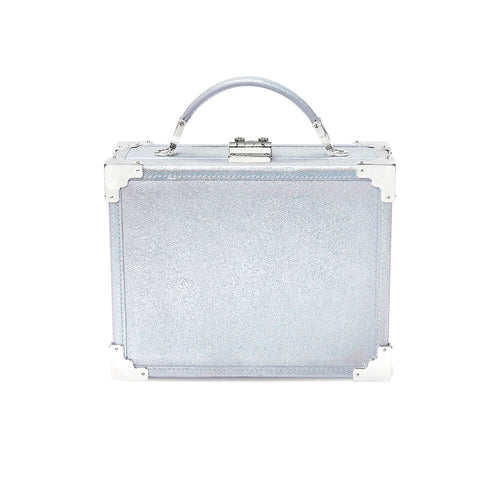 sparkly silver leather and metal trunk with crossbody strap