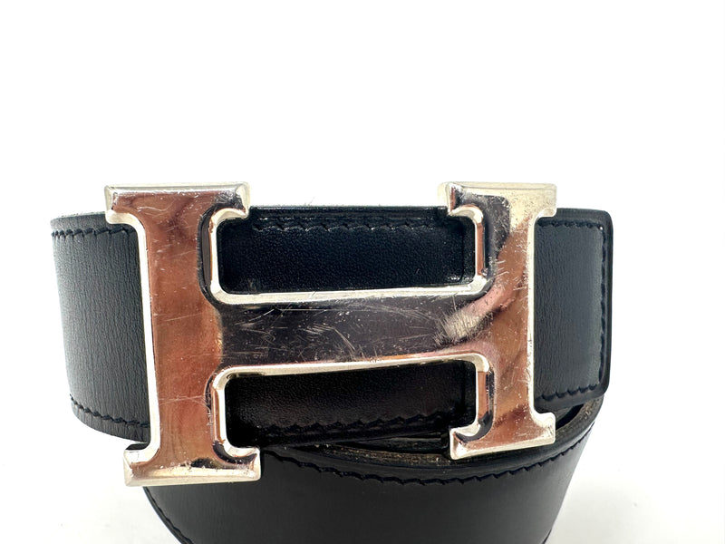 Black and Tan Leather H Silver Buckle Reversible Belt 90