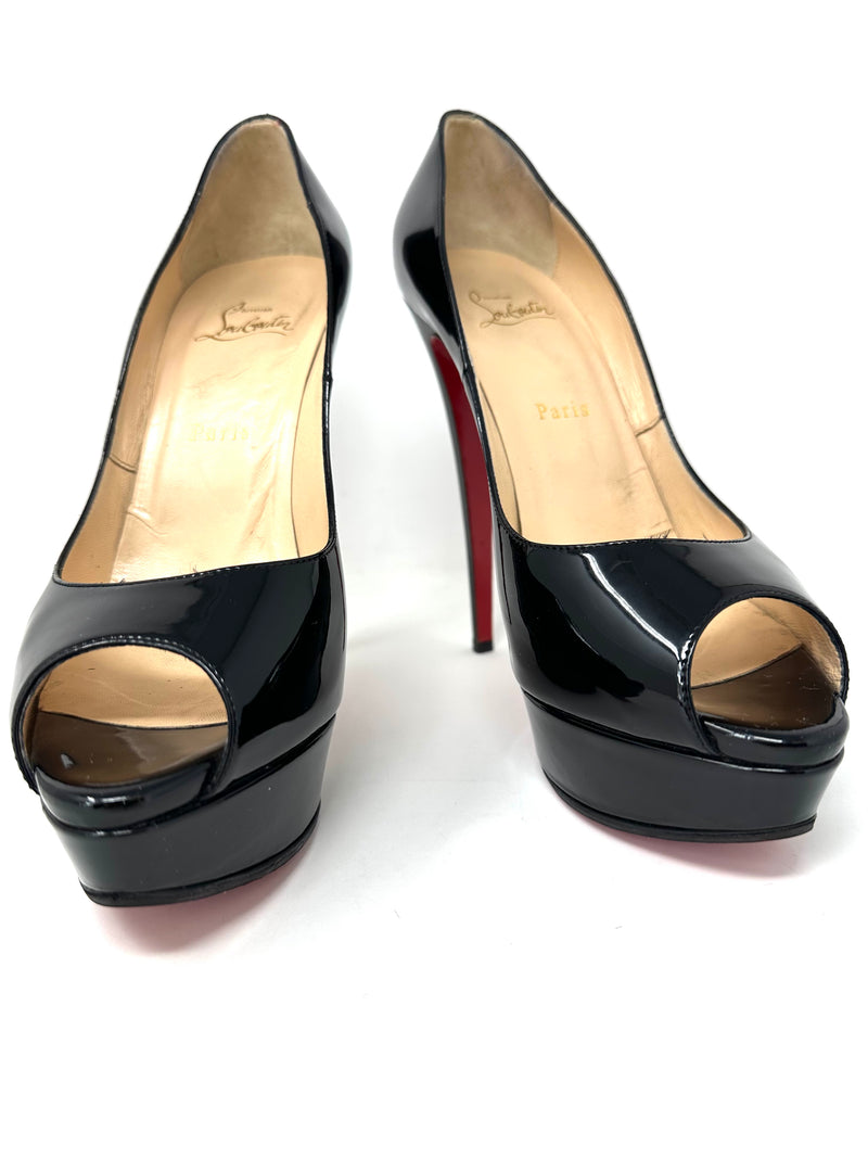 Auth Christian Louboutin black patent Lady Peep platform open toe pump  heels 35