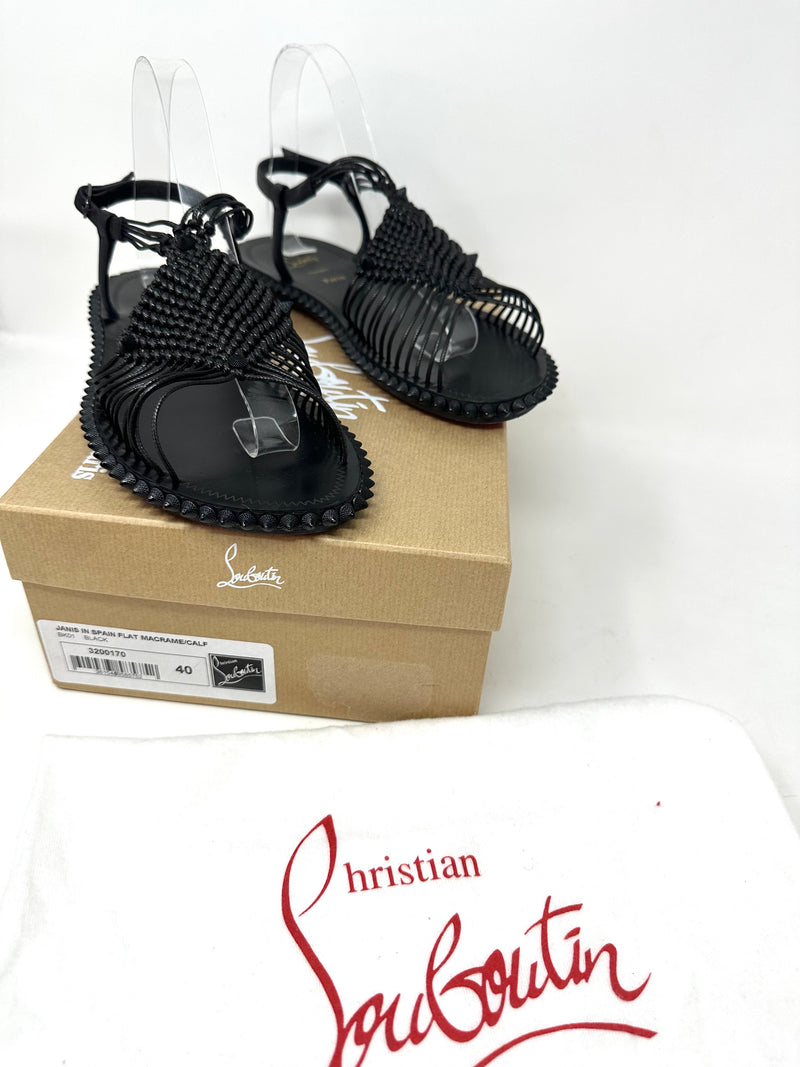 Christian Louboutin Janis in Spain Macrame Black Calf Flat Sandals 40