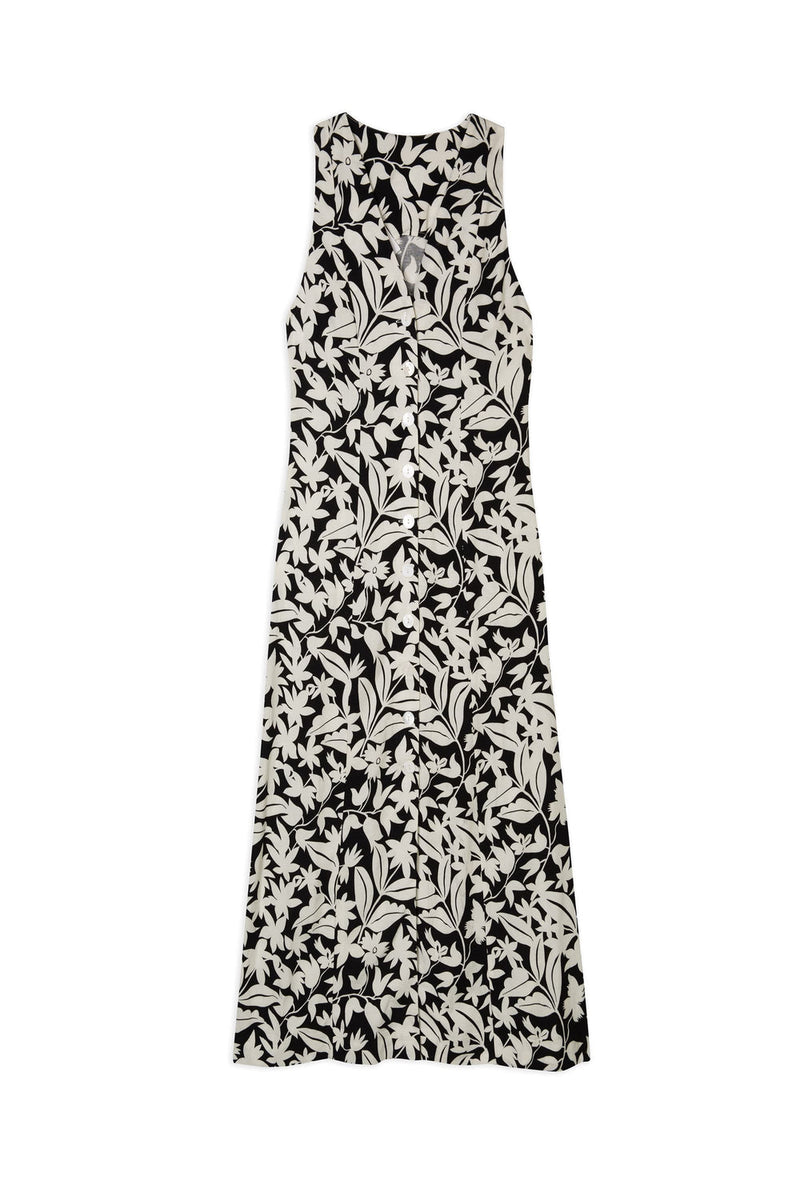 black and white hand painted design buttoned Midi Dress with A-Line cut and buttoned V Neck