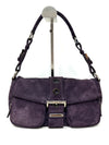 luxury purple aubergine suede shoulder bag with triangular pin  