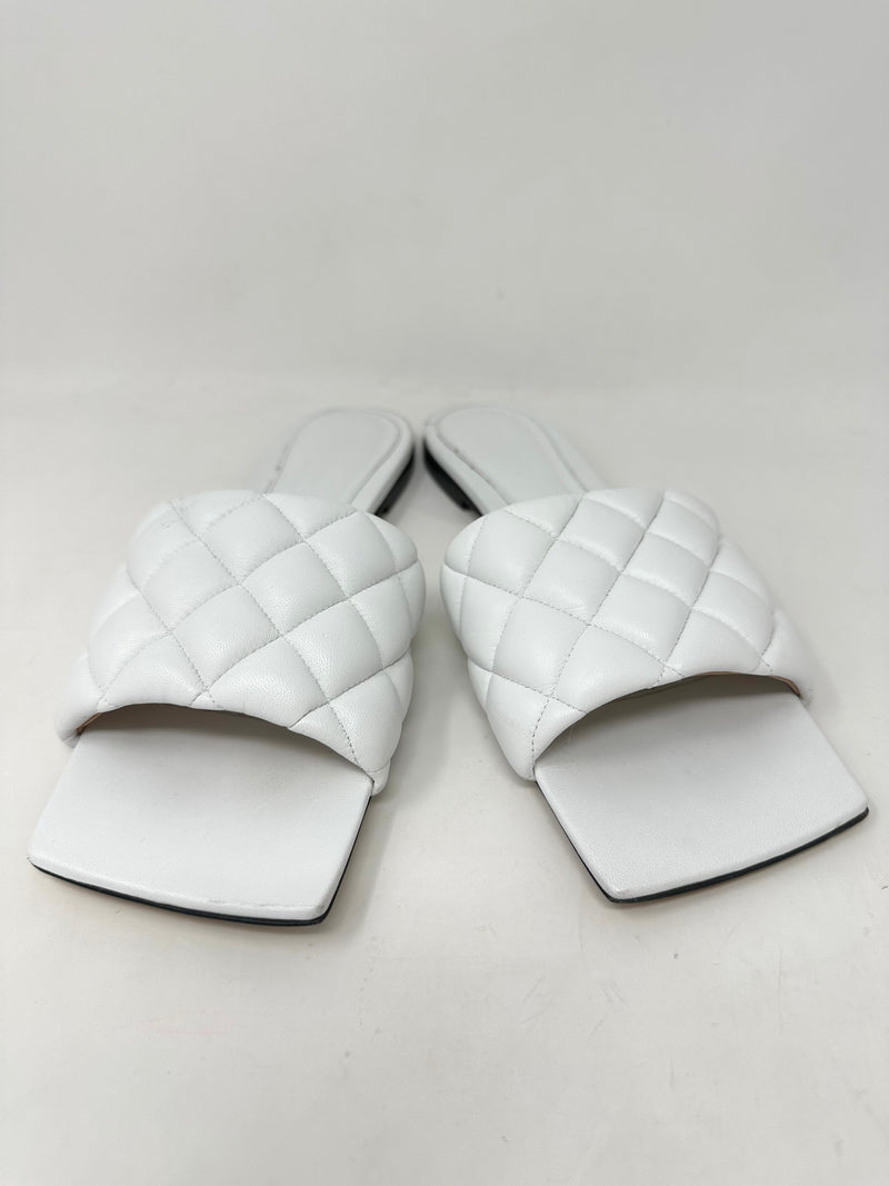 Quilted Padded White Leather Flat Mules Sandals 38.5