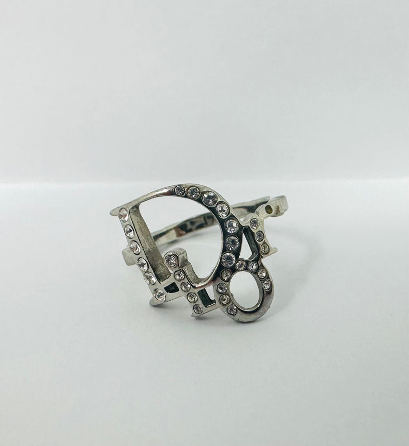 silver crystal ring in signature Olique design. 