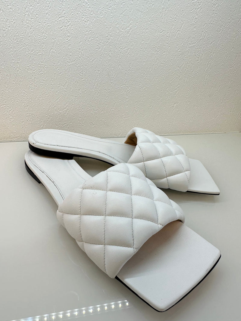 white padded leather flat mules