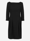 Black 3/4 length sleeve dress with a waist detail, light flare bottom and discreet back zip