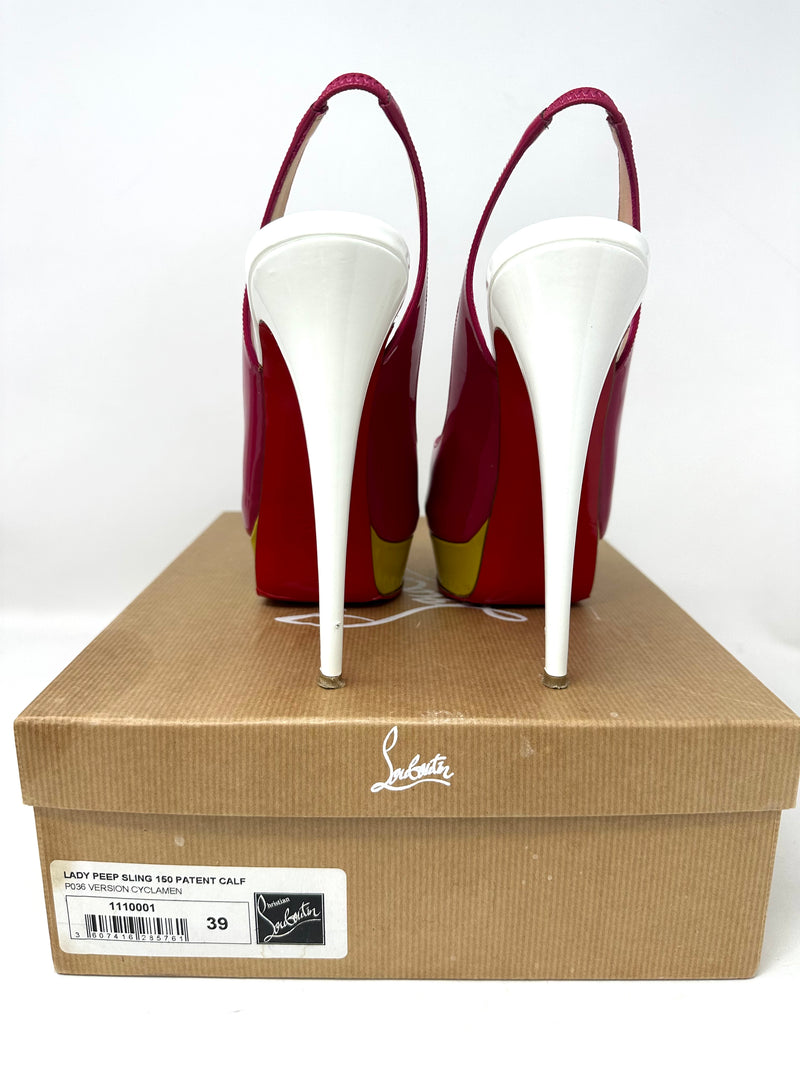 Lady Peep Sling 150 Version Cyclamen Patent Calf Peep Toe Platform Heels 39 but fit 38