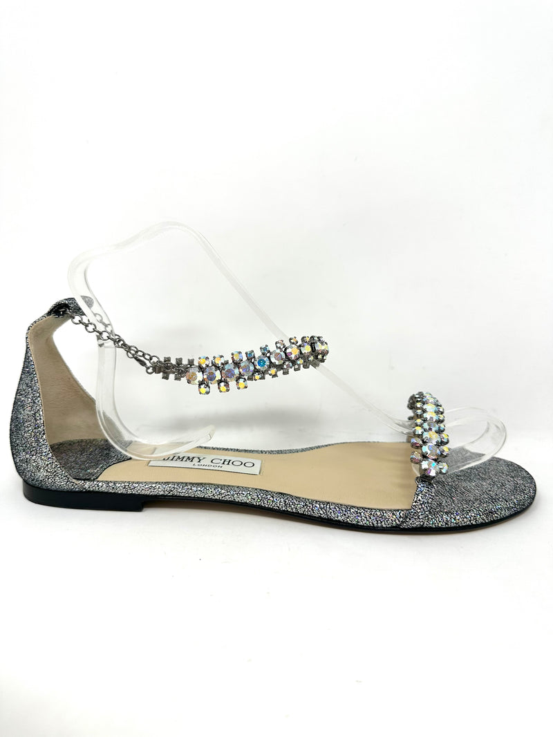Shiloh Flat Hologram Leather Crystal Sandals 40.5