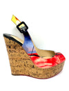 multicoloured patent leather sling back peep toe cork wedges with signature red soles
