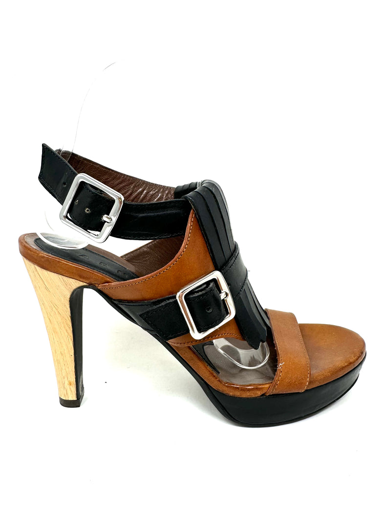 brown buckle tassel heels with platform