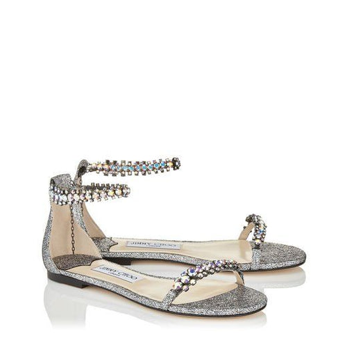hologram leather flat sandals with crystal embellishments and silver glitter finish