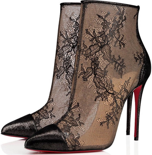 black shimmer floral lace ankle booties with signature red soles
