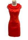 red coral pencil dress wth neckline frill detailing