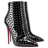 black patent leather ankle booties with spikes, 120mm heels and signature red soles