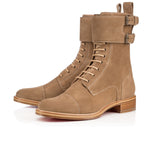 Suede buckle mens brown ankle boots with signature red sole