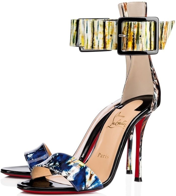 patent open toe sandals with ankle cuff and finished with signature red soles