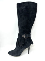 black knee high suede boots with fringe