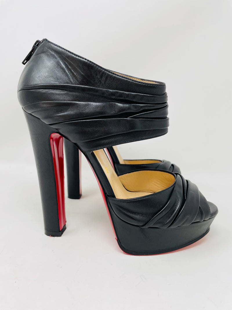 Applique 140 Black Leather Platform Peep-toe Heels 38