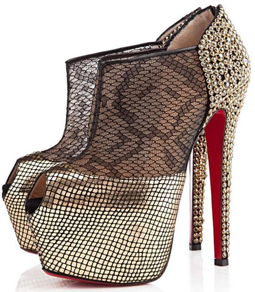 black and gold strass heel with lace vamp bootie platform with signature red soles