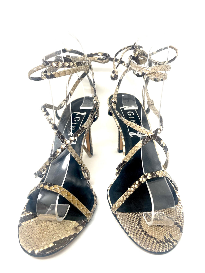 Louis Vuitton Grey Python Embossed And Leather Strappy Sandals