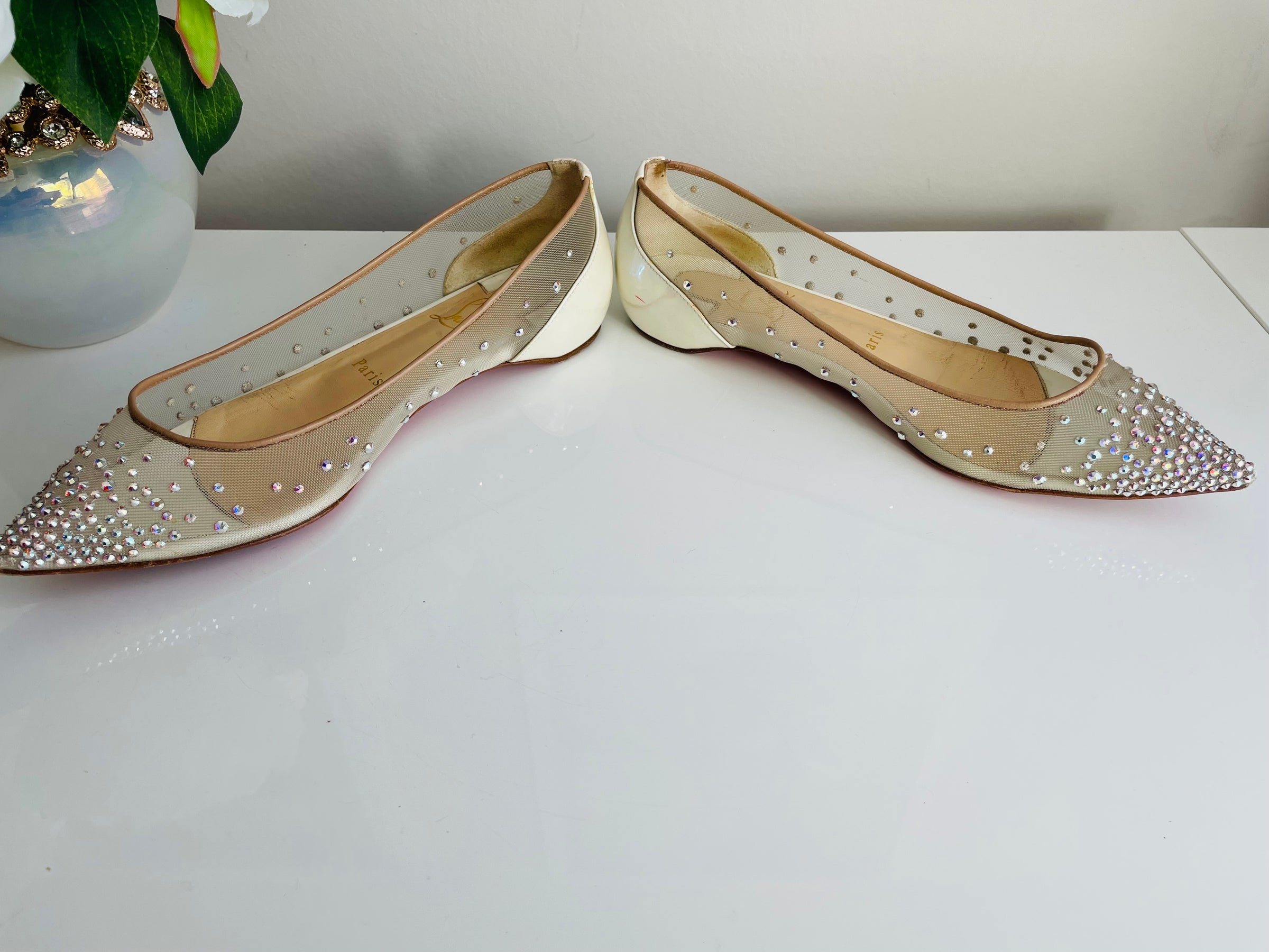 Used Christian Louboutin Follies Strass Crystal Mesh Flat Pumps 36 – High  Heel Hierarchy