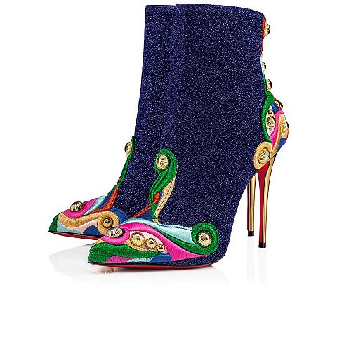 Glittery metallic blue ankle booties with multi coloured embroiderry and gold studs. Finished with signature red soles