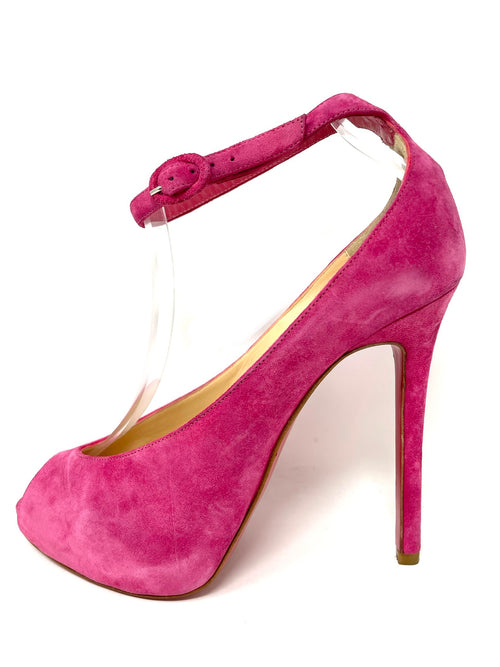 pink suede ankle strap rampoldi heels with red soles