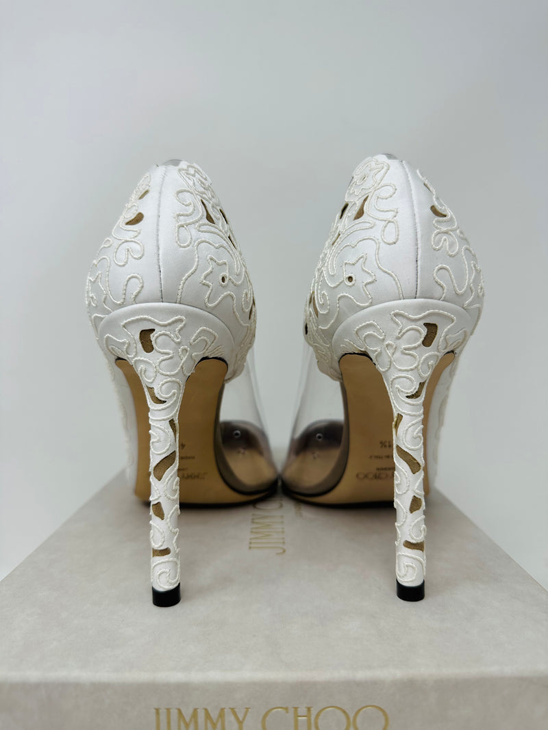 Romy 100 White and Clear Perforated Lace Fabric Plexi Heels 41.5