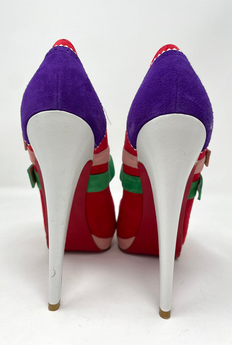Luly 140 MultiColour Suede White Leather Peep Toe Platforms 39