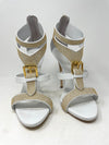 white leather heels with gold studs and gold buckle 