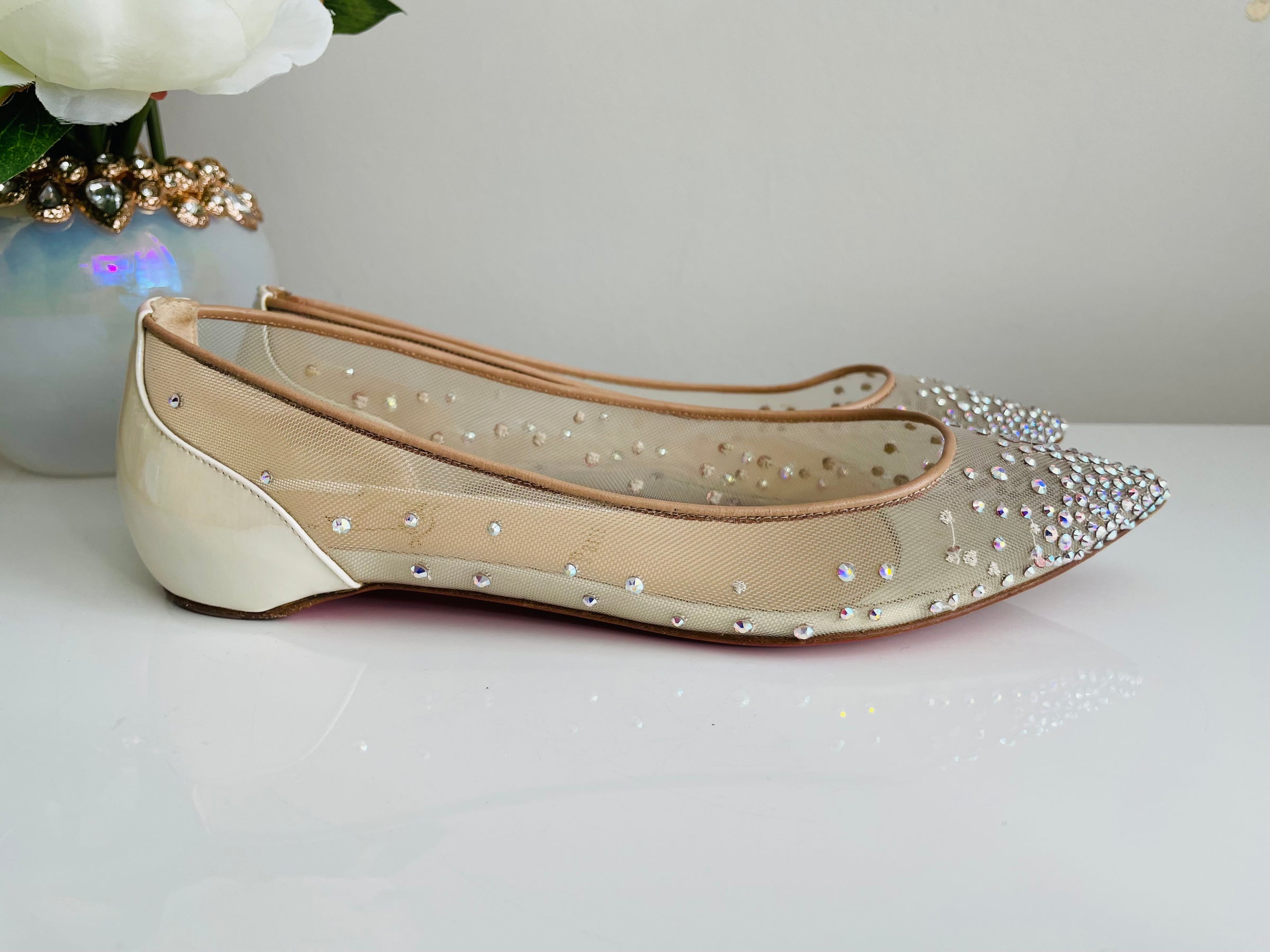 Used Christian Louboutin Follies Strass Crystal Mesh Flat Pumps 36 – High  Heel Hierarchy