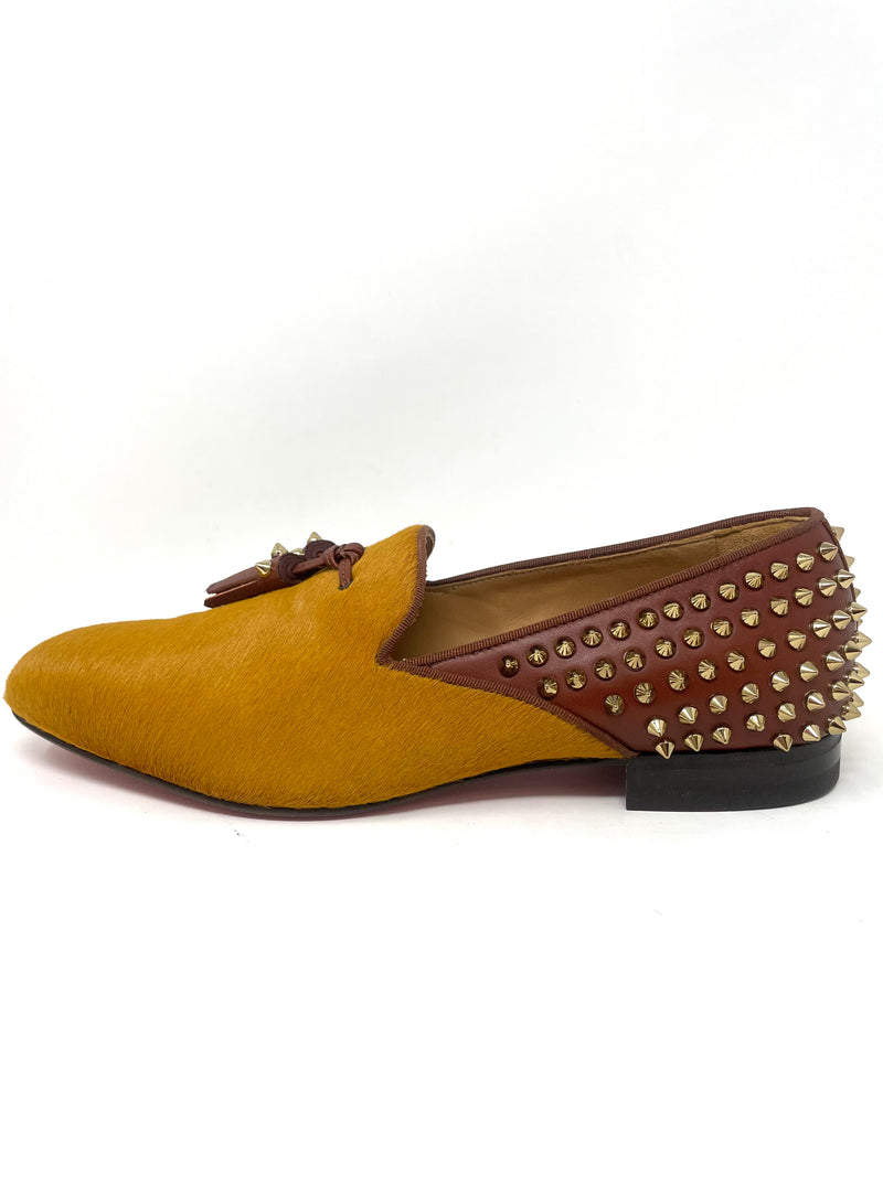 Christian Louboutin Tassilo Flat Yellow Pony Brown Calf GG Version Gold Spikes Mens Loafers 43 / UK 9