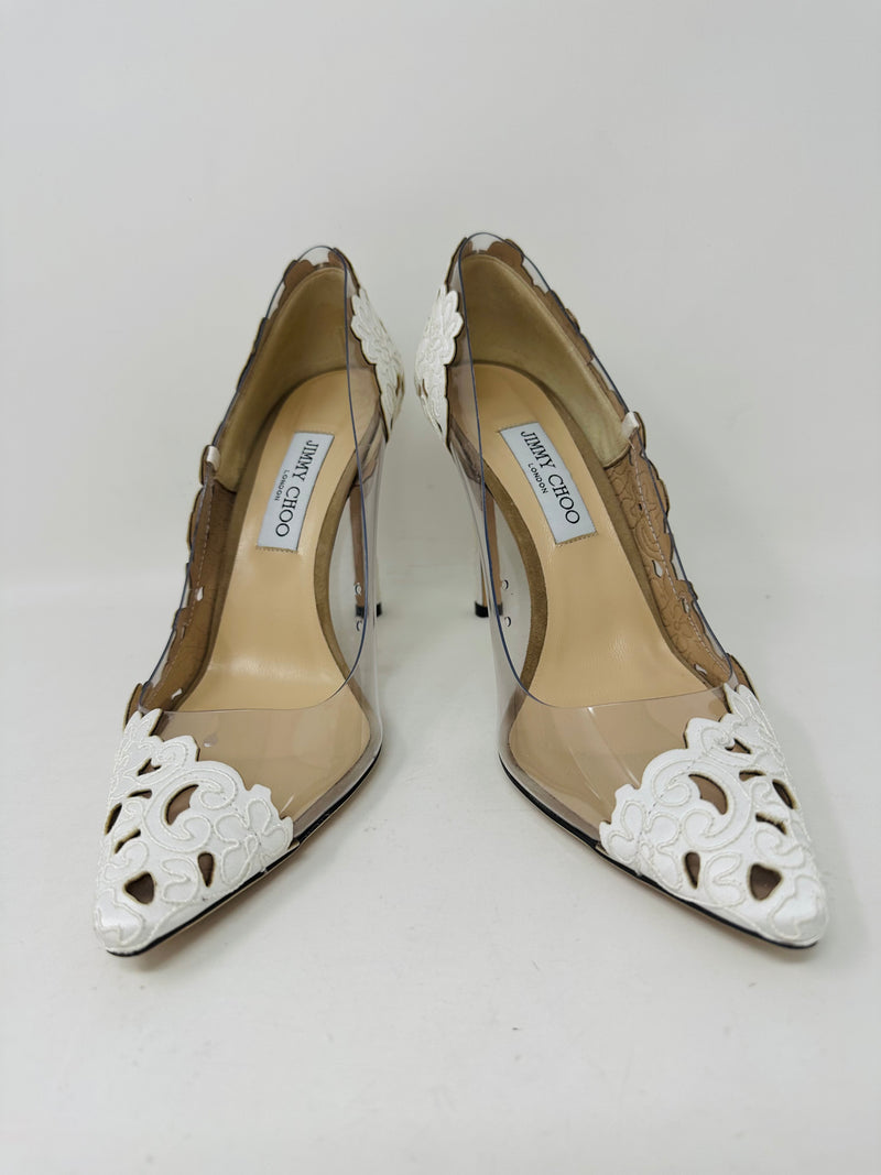 Romy 100 White and Clear Perforated Lace Fabric Plexi Heels 41.5