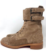 Suede buckle mens brown ankle boots with signature red sole