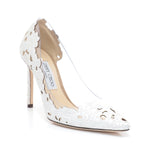 white plexi and perforated lace fabric romy bridal heels 