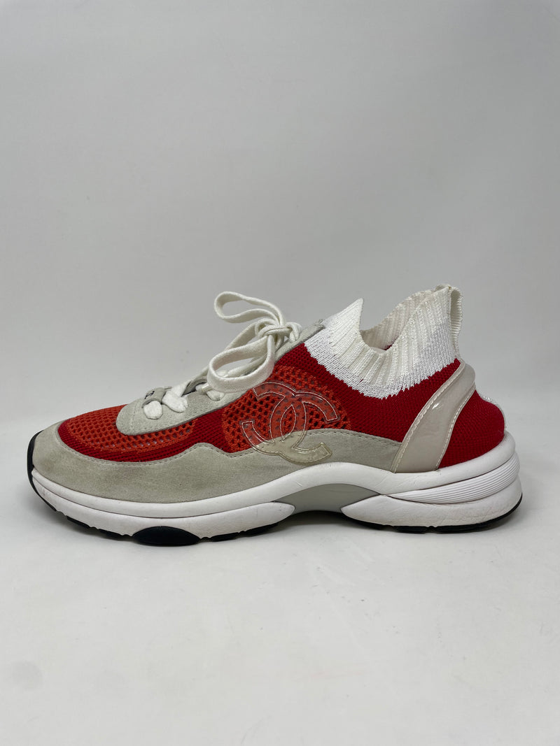 Red, White and Grey Knit Trail Sneakers 38.5