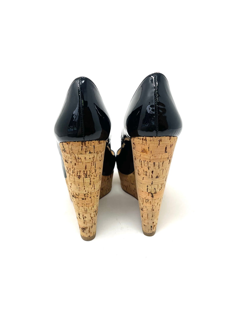 Christian Louboutin Black Patent Leather Cork Wedges 135 Peep Toe Platform Pumps 40.5